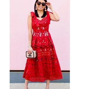 THREE FLOOR Damsel Sweetheart Burnt Orange Overlay Tie Shoulder Eyelet Dress 6